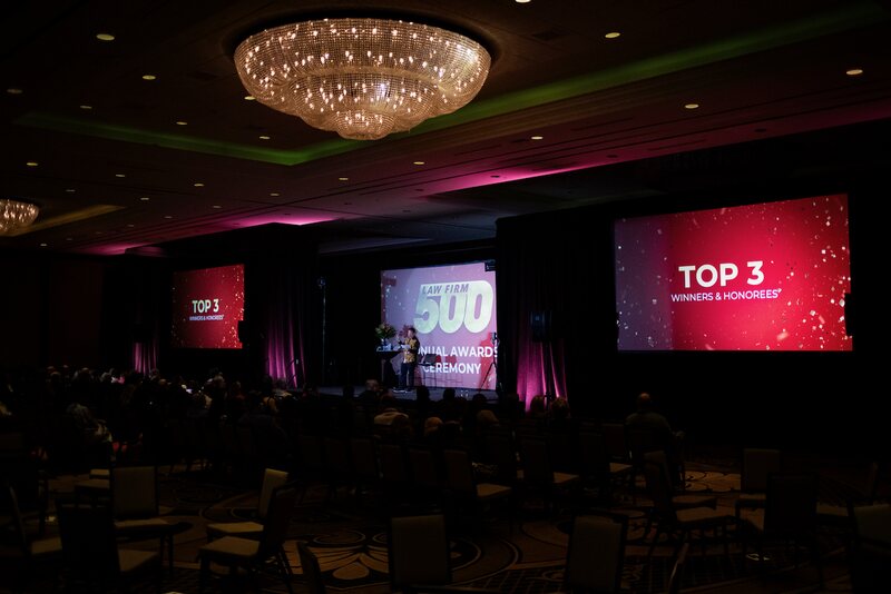 The 2026 Law Firm 500 annual awards ceremony stage announcing the top three winners
