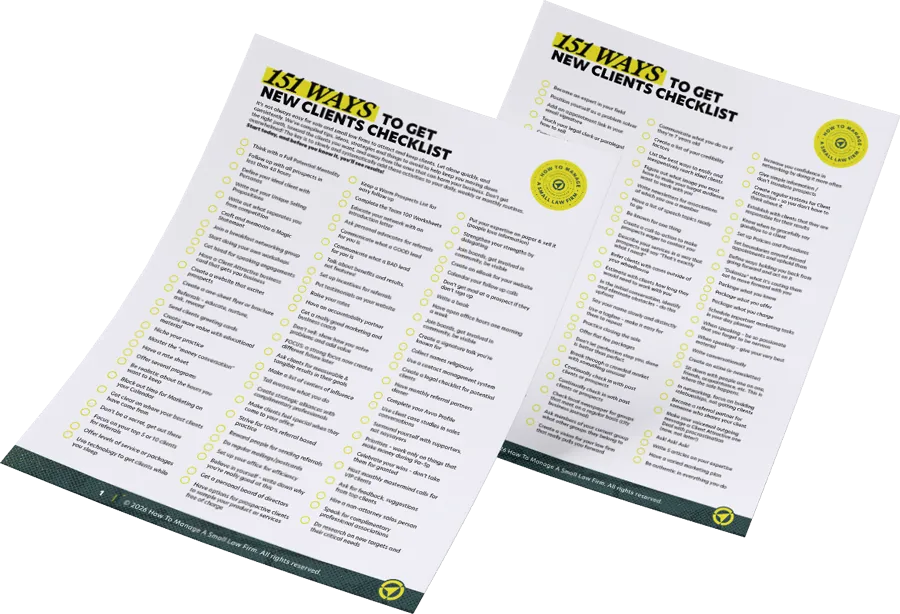 Two full checklist sheets showing the 151 ways to get new clients