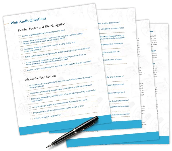 Website audit questions checklist sheets and pen