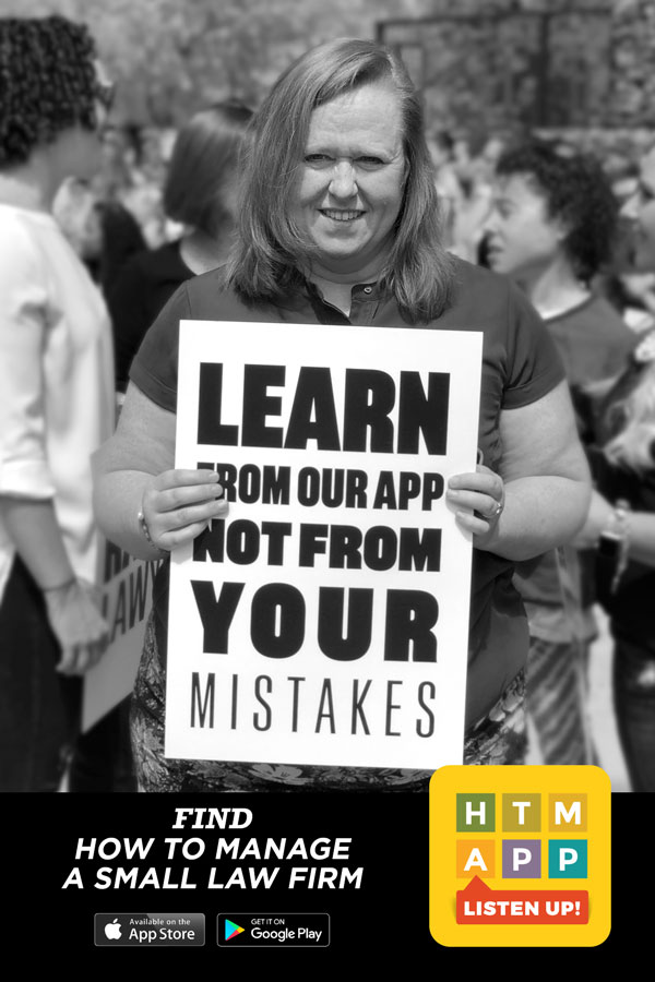 happy lawyer holding sign to download the htm app